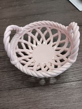 Blush Pink Ceramic Rope-Weave Decorative Basket